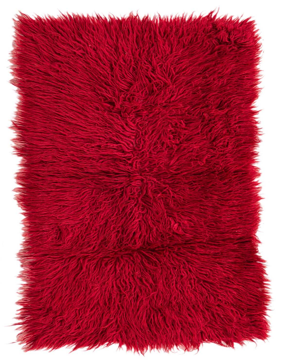 A vibrant 3x5 rectangular red shag rug made of wool, featuring a plush, textured pile.