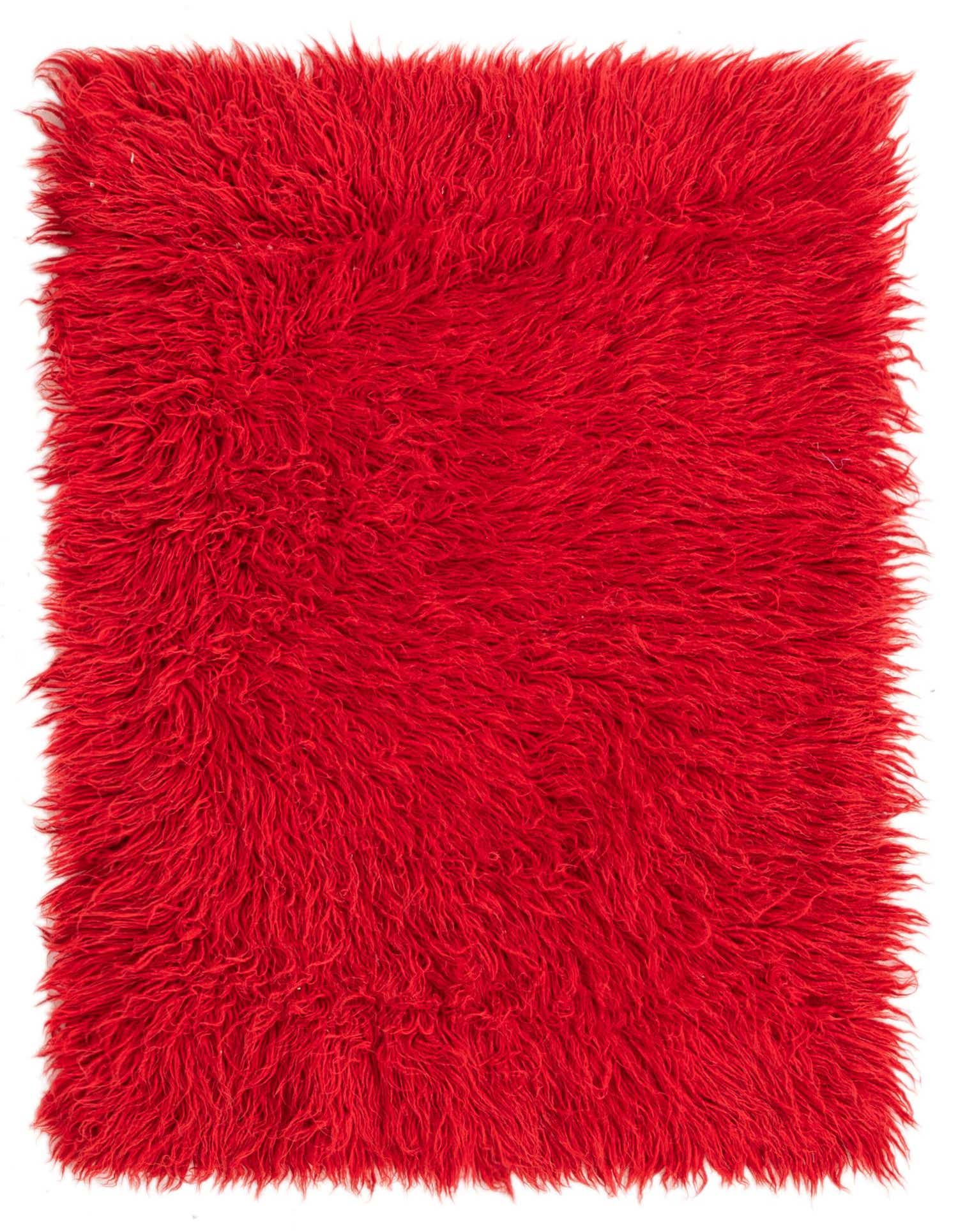 A vibrant 3x4 rectangular red shag rug with a plush, high pile, showcasing its soft texture.