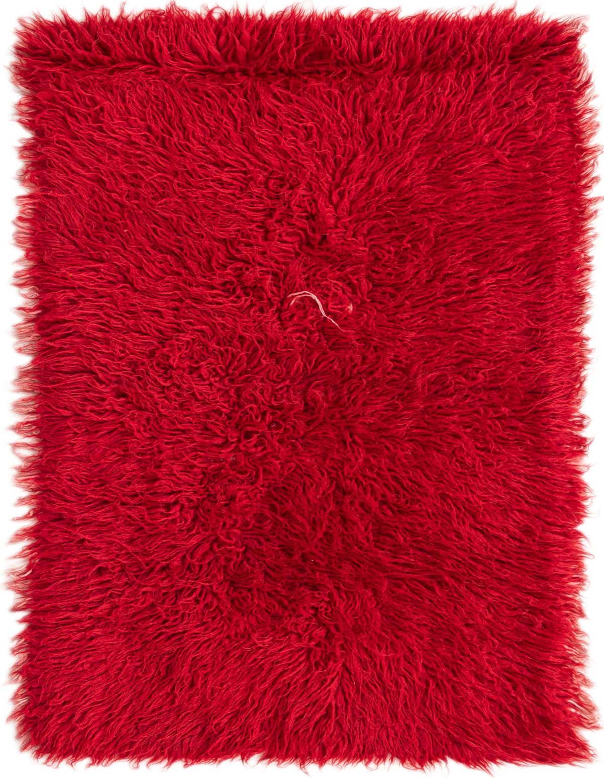A vibrant 3x4 rectangular red shag rug made of 100% wool, featuring a plush, high pile texture.