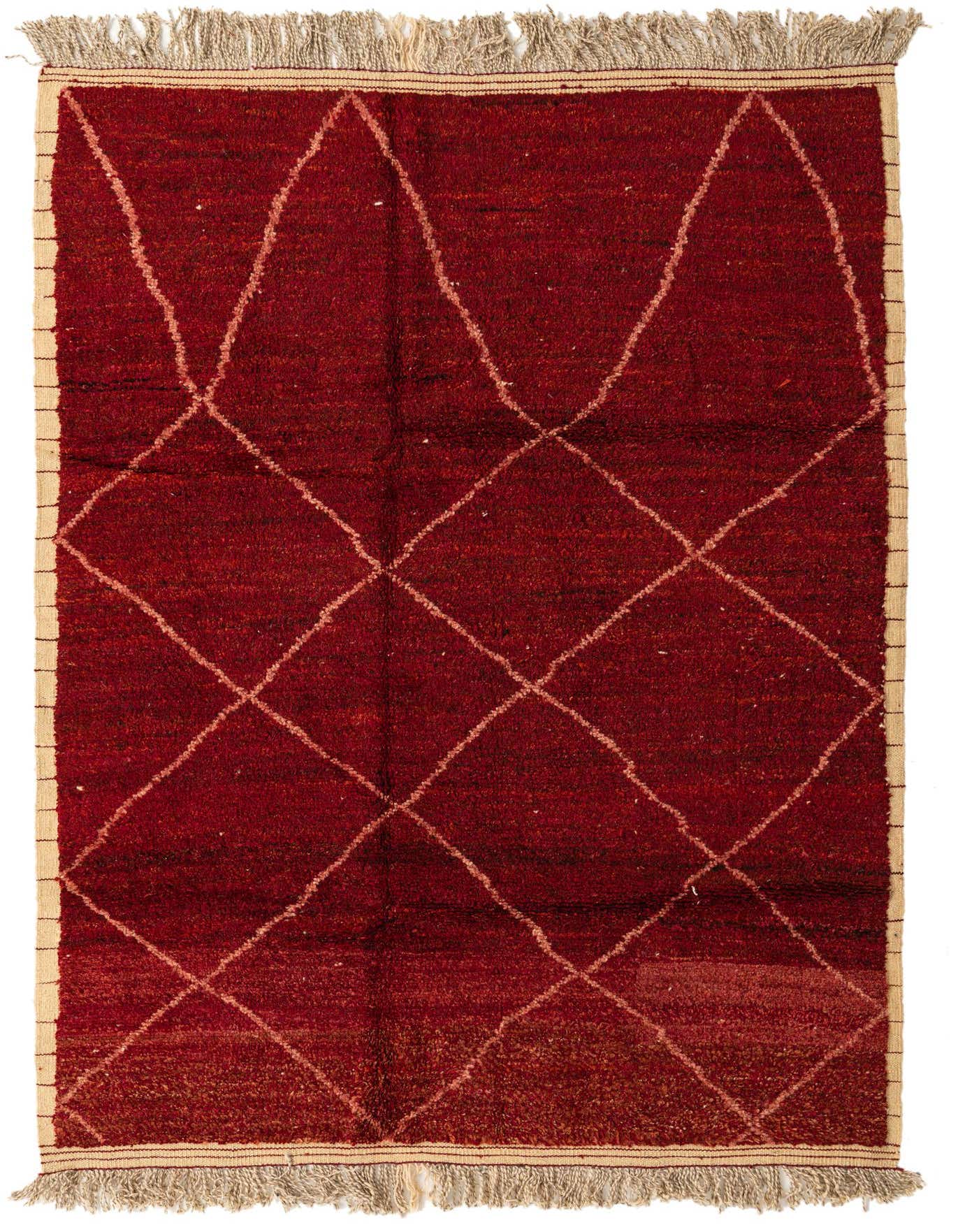 A 6x9 rectangular red Moroccan shag rug with a diamond tribal pattern and fringed ends, suitable for a living room.
