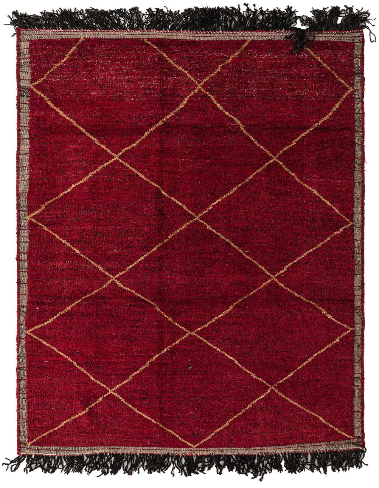 A 6x9 rectangular red Moroccan shag rug with a gold diamond pattern and black fringe, perfect for a living room.