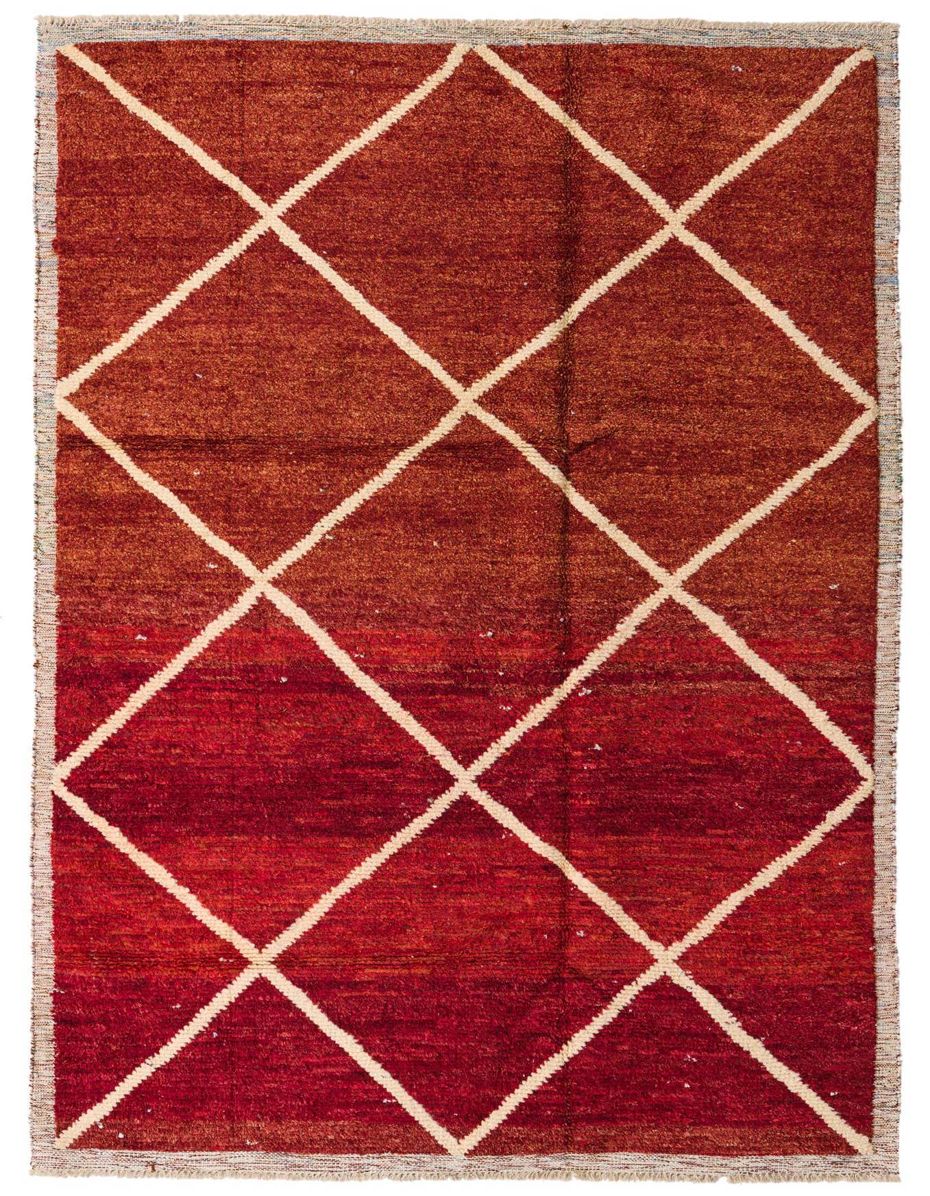 A 6x9 rectangular Moroccan shag rug in varying shades of red with a cream diamond pattern, suitable for a living room.