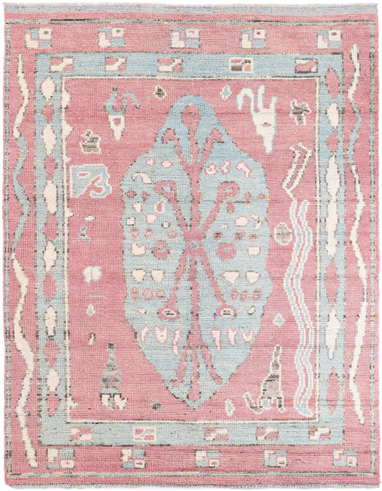 A 6x9 rectangular Moroccan tribal rug in shades of red and light blue with a central medallion design.
