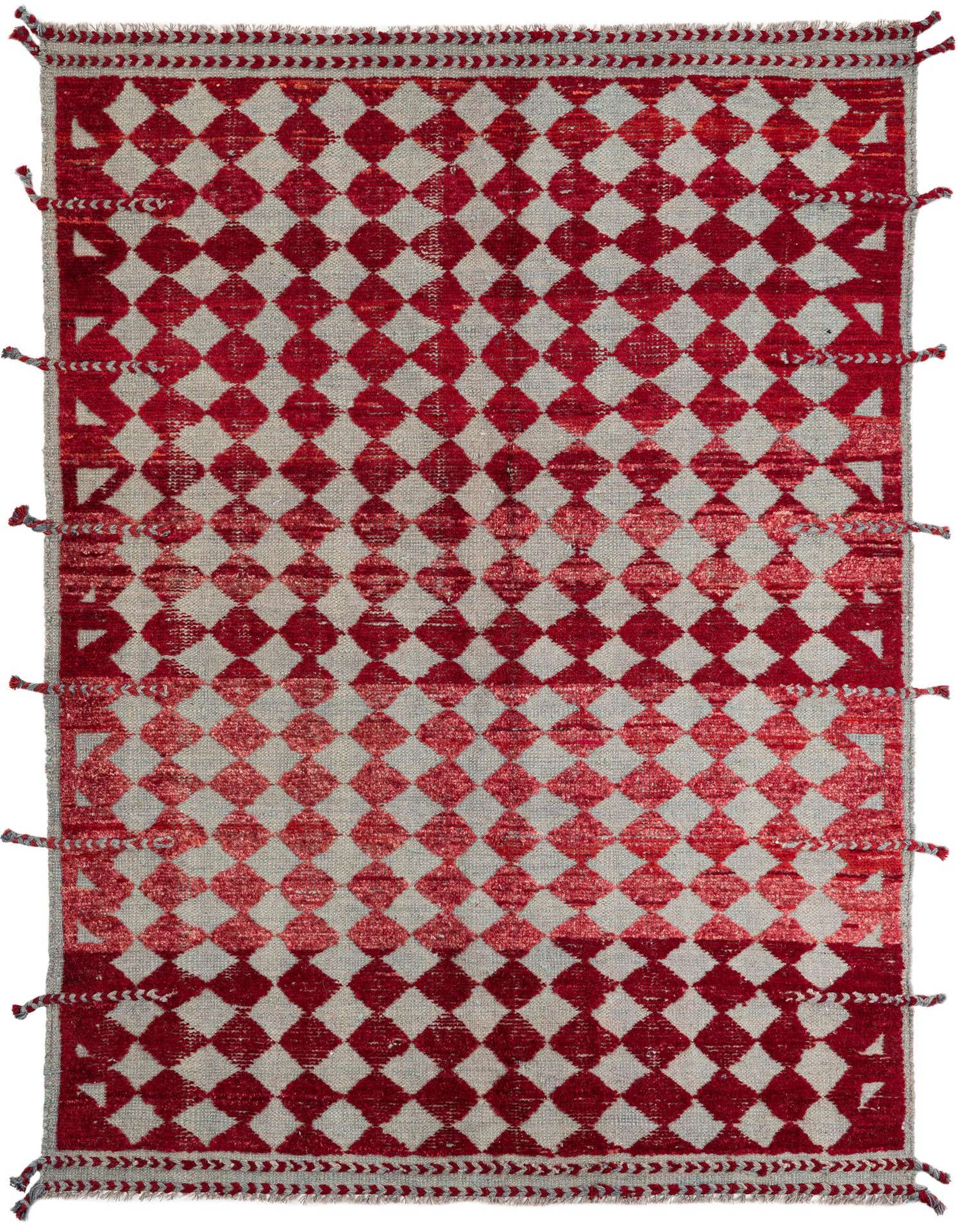 A 5x8 rectangular Moroccan shag rug in reds and off-white, featuring a tribal diamond pattern.