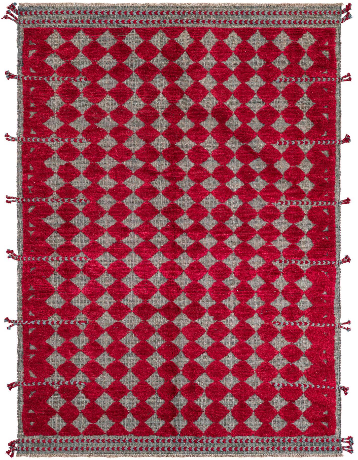 A 5x8 rectangular red and gray wool shag rug with a tribal diamond pattern and decorative tassels.