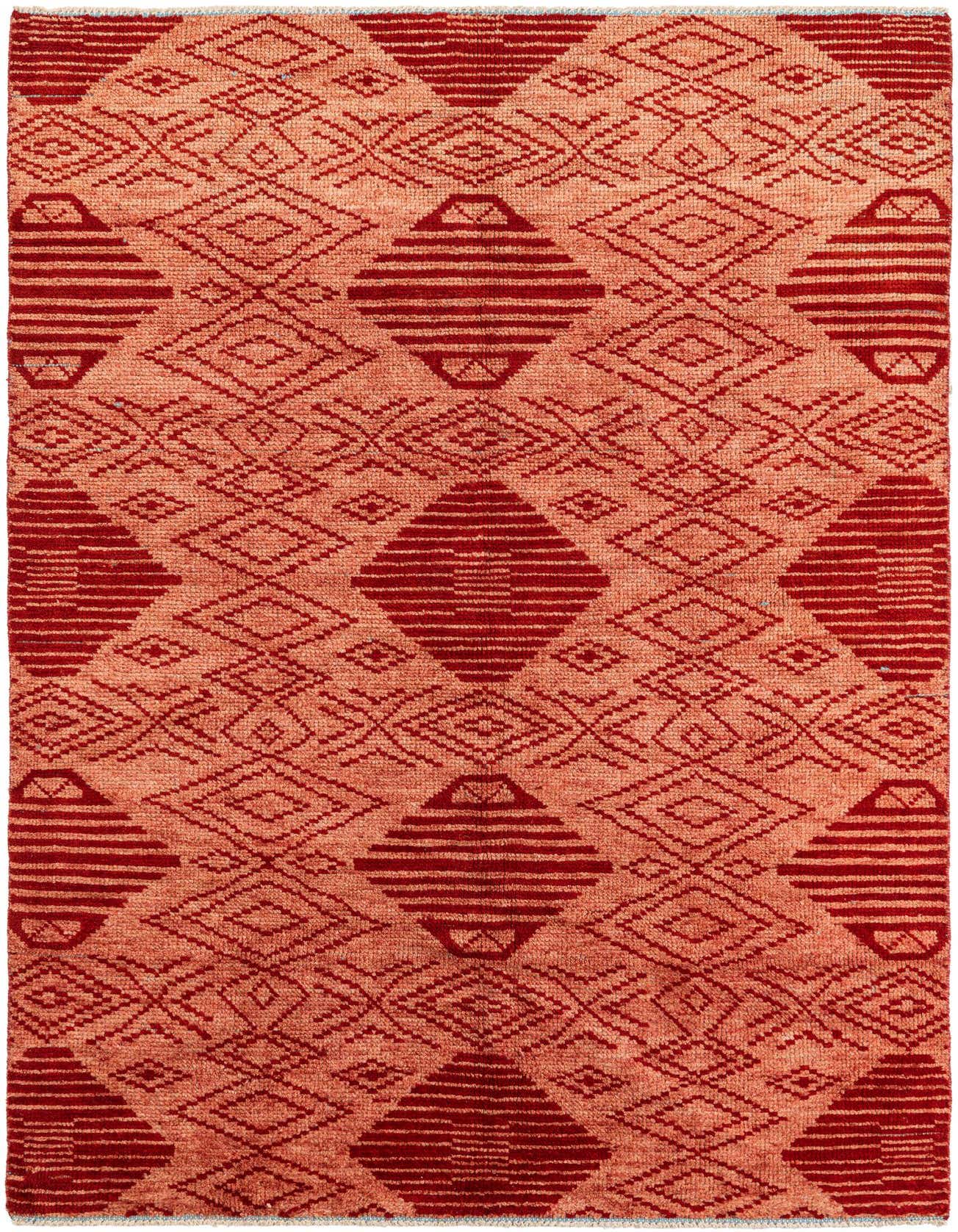A 6x9 rectangular red Moroccan shag rug with a tribal diamond and stripe pattern, perfect for a living room.