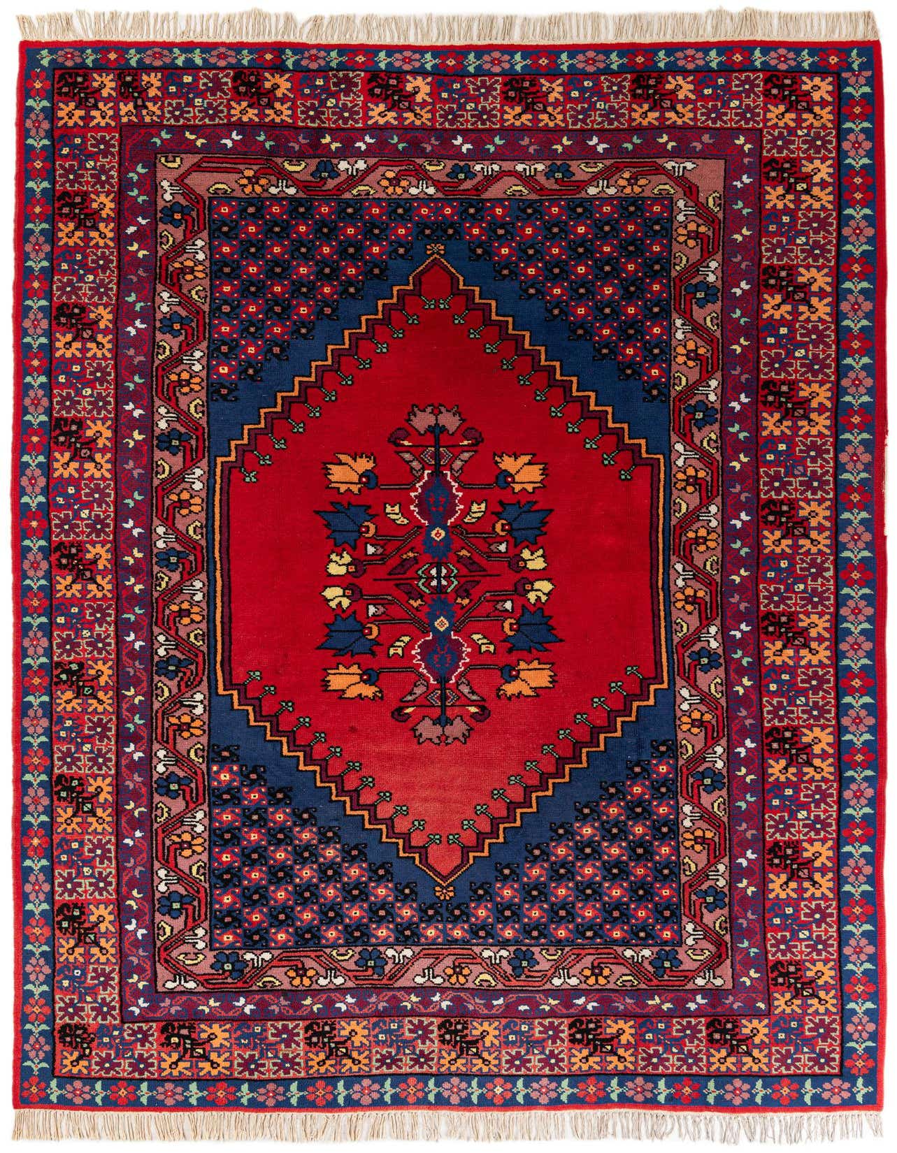 A 7x10 rectangular red wool rug with a traditional tribal medallion design in blues, oranges, and yellows.