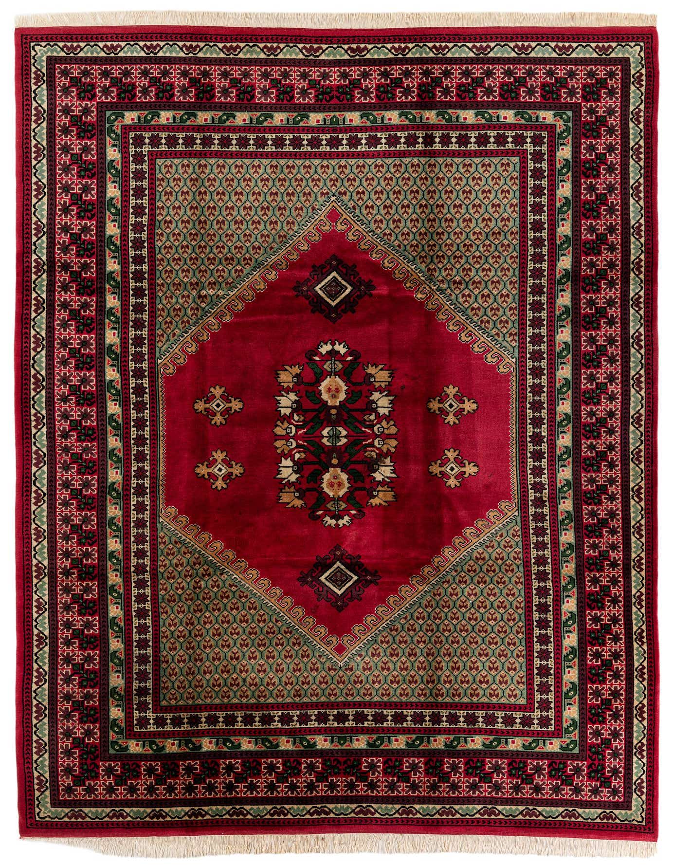 A vibrant 8x11 rectangular red wool rug with a traditional tribal medallion pattern and intricate borders, suitable for a living room.