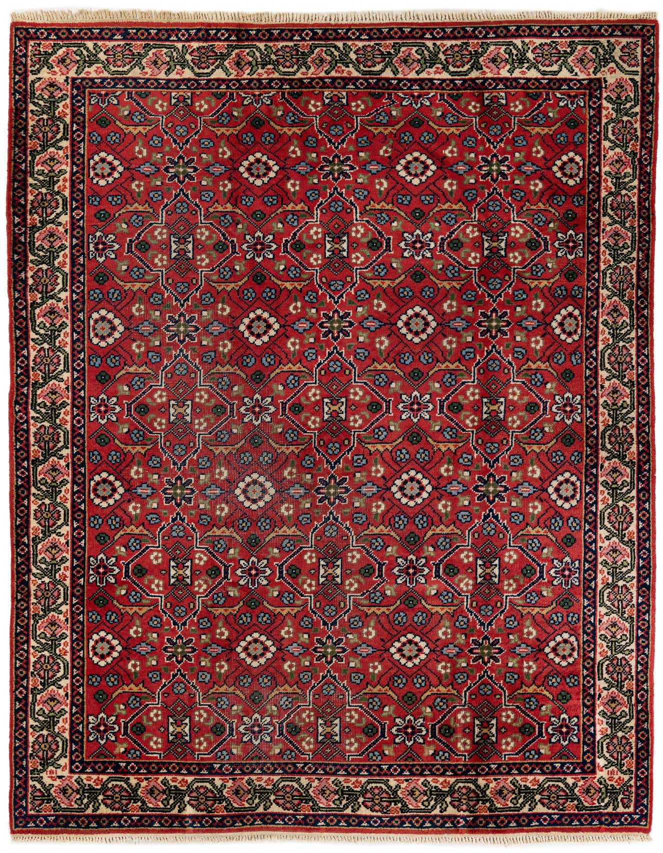 A 6x9 rectangular red wool rug with a traditional floral and tribal pattern, featuring a detailed border.