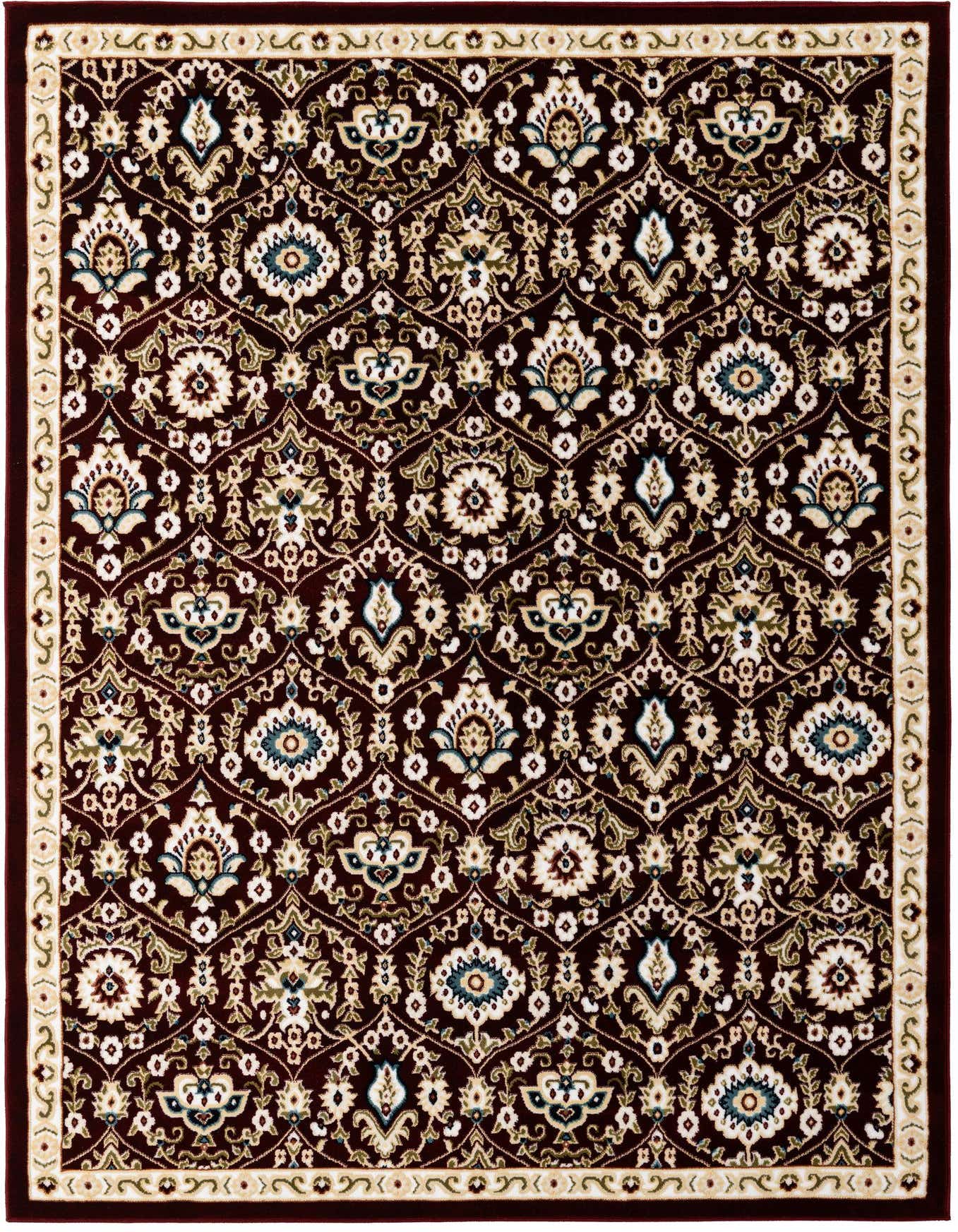 A 5x7 rectangular indoor rug with a deep red background and an intricate floral pattern in cream, light blue, and green.