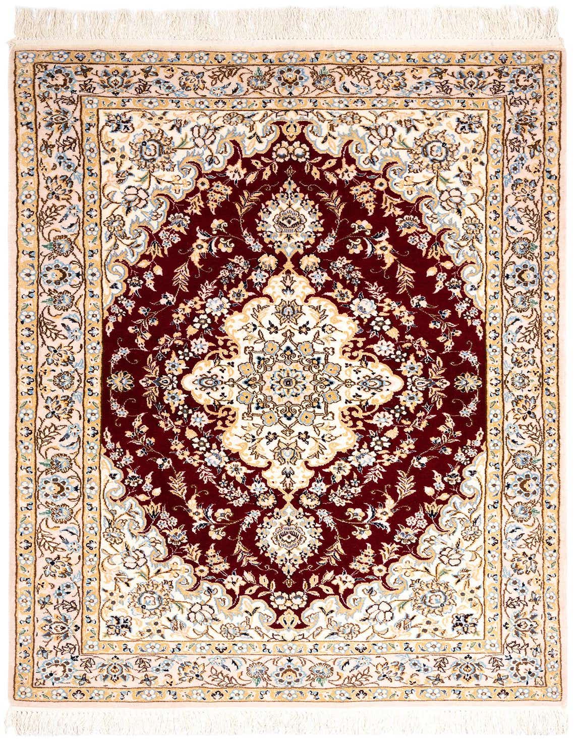 A 3x5 rectangular handmade Persian rug with a deep red field, intricate floral patterns, and a cream border.