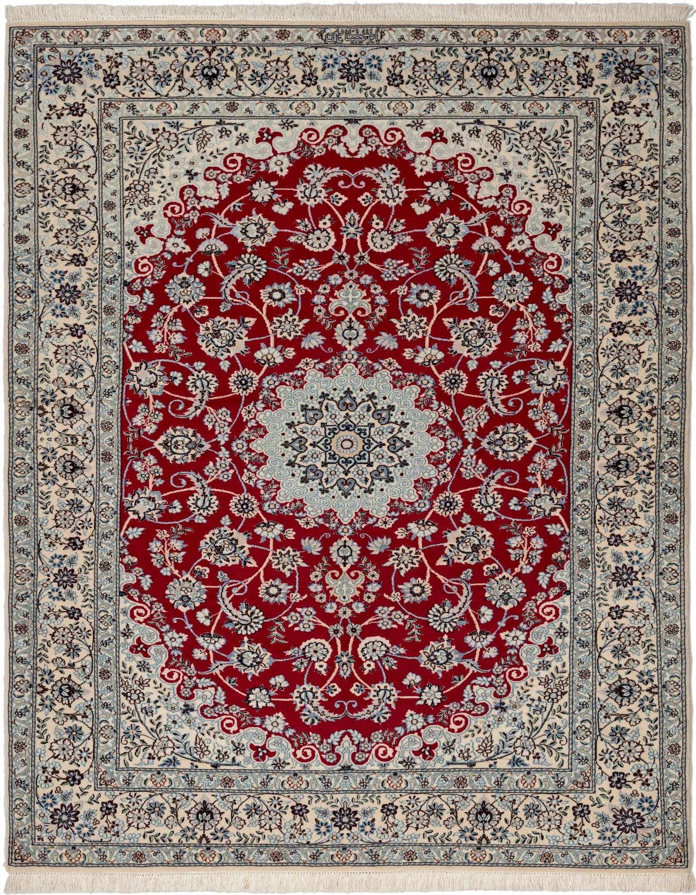 A 4x6 rectangular handmade Persian rug with a red medallion center and intricate floral patterns in blue and ivory.