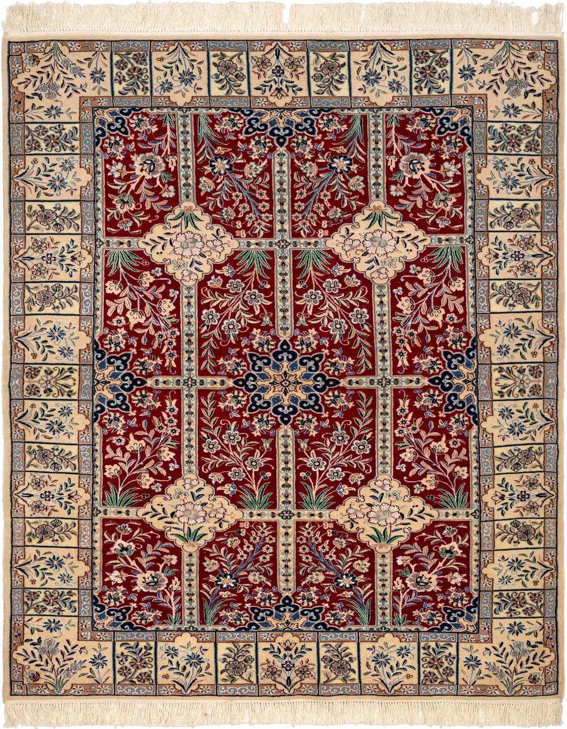 A 4x6 rectangular handmade Persian rug with a deep red field and intricate floral patterns in cream, blue, and green, bordered by a cream frame with individual floral motifs.