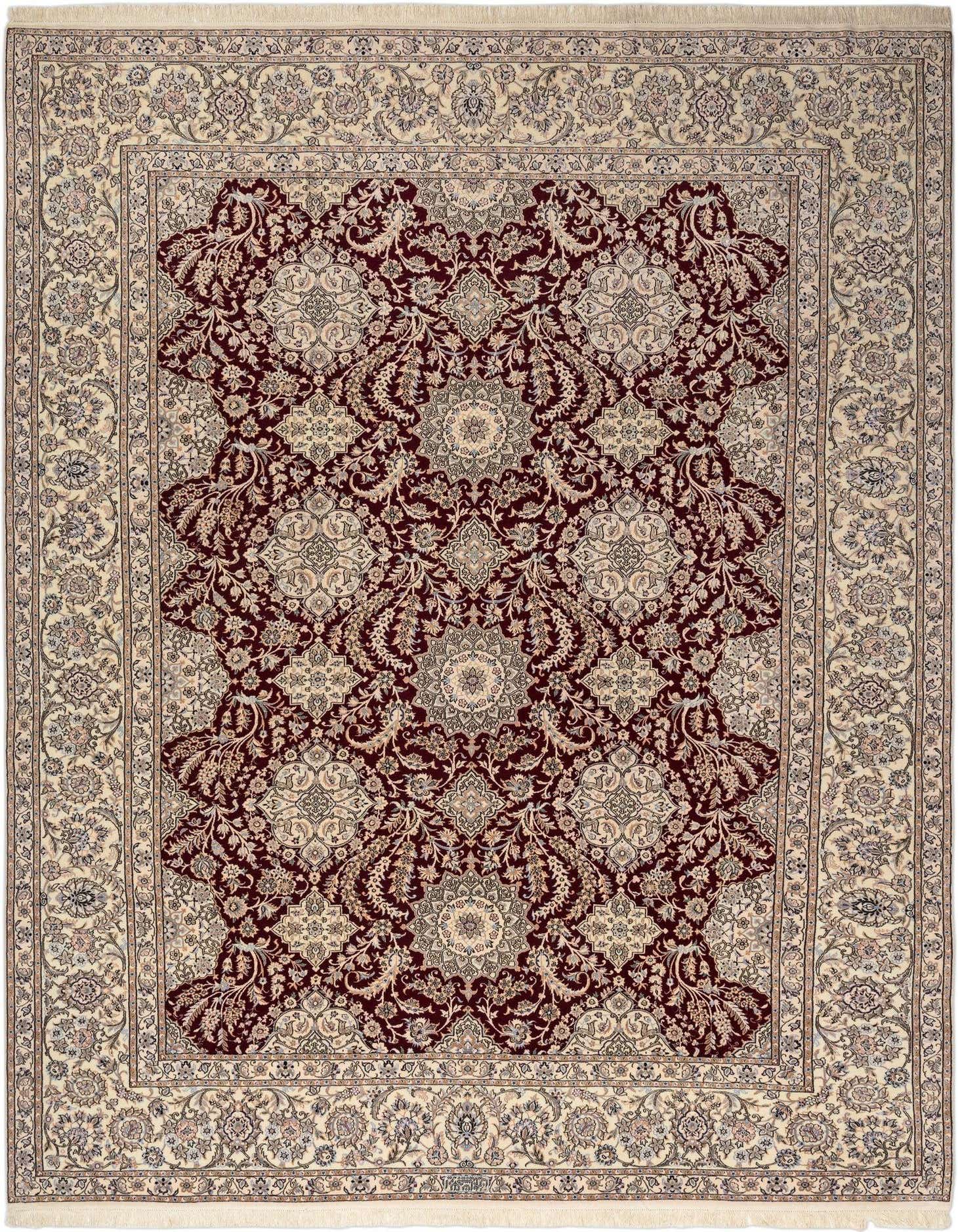 An 8x10 rectangular Persian rug featuring a deep red field with intricate floral patterns and a cream border.