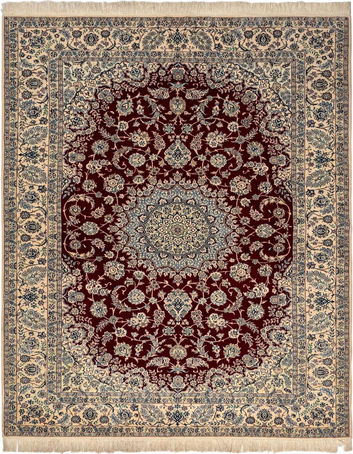 A 5x8 rectangular Persian rug with a deep red field, intricate floral patterns, and a cream border.
