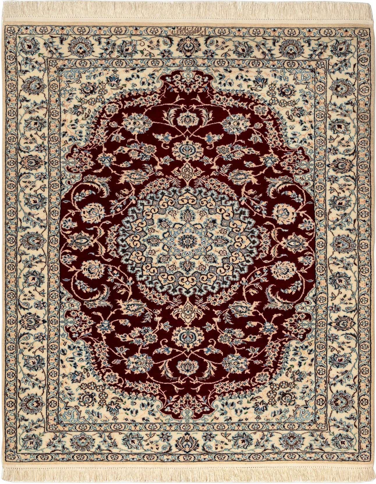 A 3x5 rectangular Persian rug featuring a deep red medallion and border, with intricate floral patterns in cream, light blue, and beige.