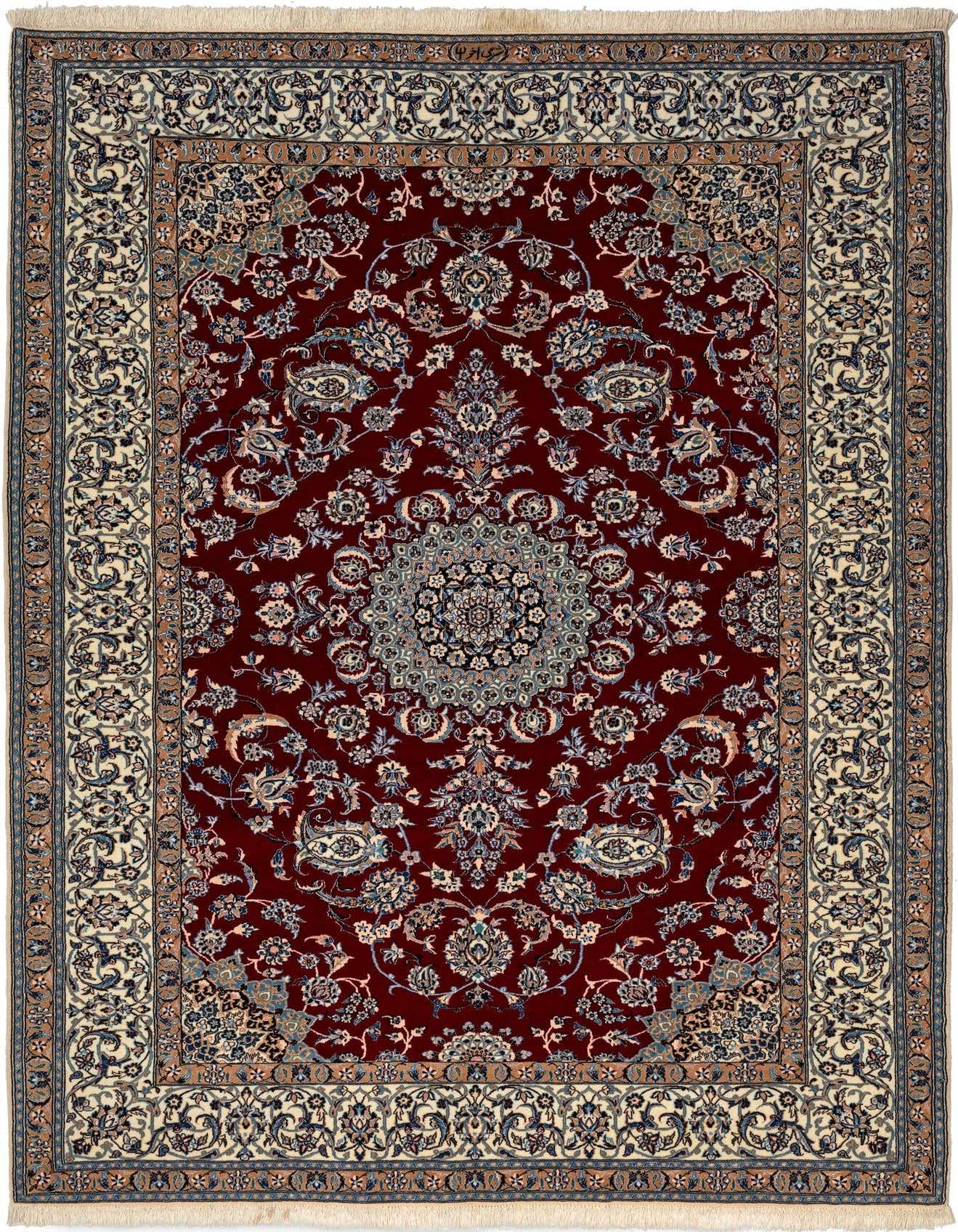 A 5x8 rectangular red Persian rug with an intricate floral medallion pattern and a cream border, ideal for a living room.