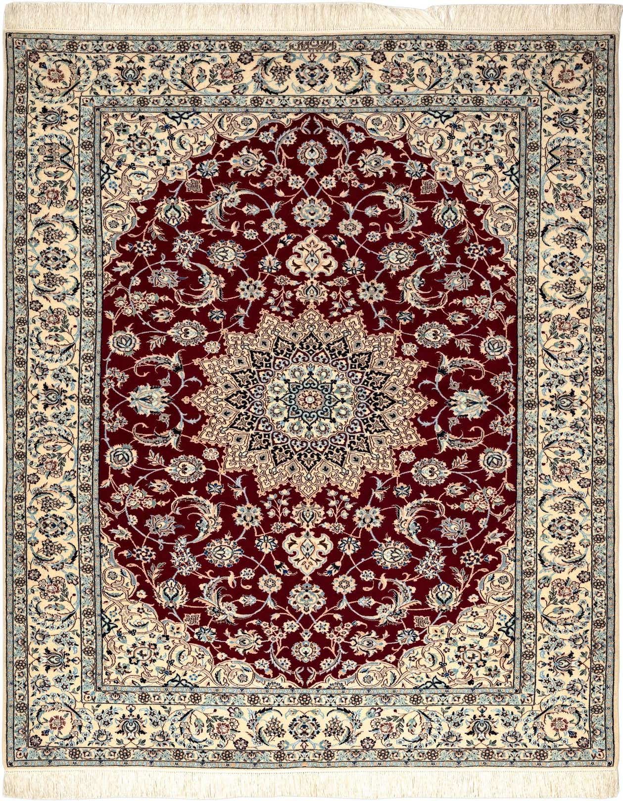 A 5x8 rectangular Persian rug featuring a deep red field with an intricate floral medallion and a cream border with complementary patterns.