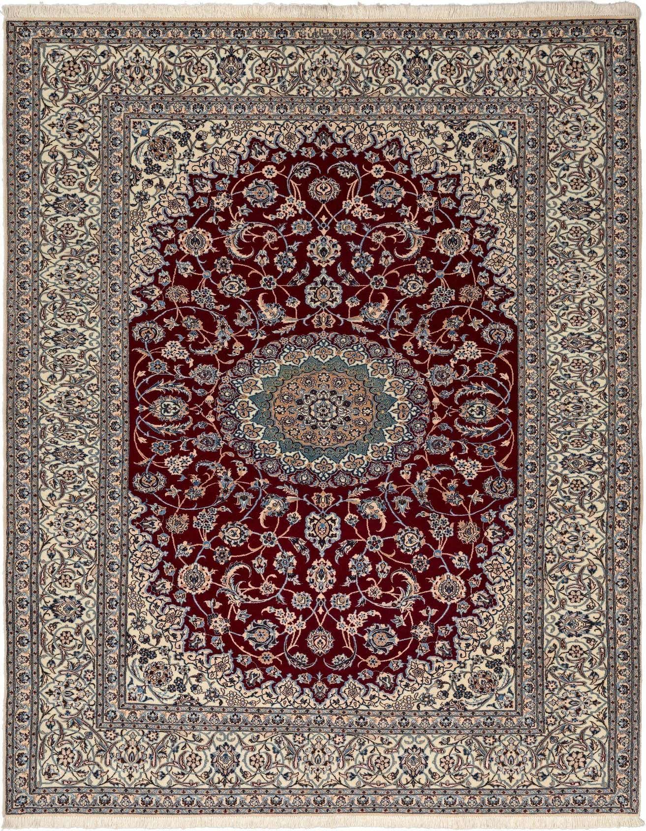 A 5x8 rectangular Persian rug with a deep red field and intricate floral patterns in cream, blue, and gold, framed by a cream border.