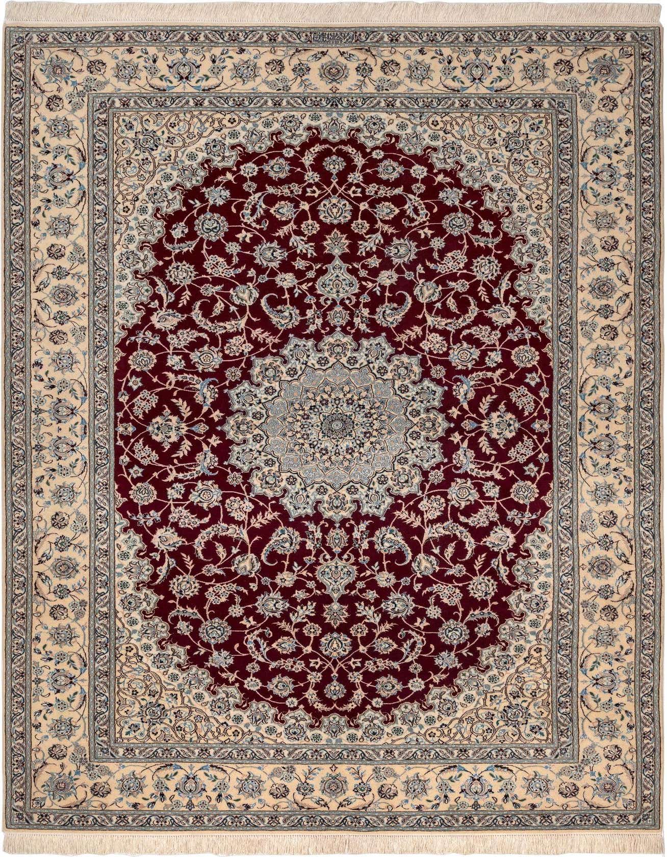 A 5x8 rectangular Persian rug with a deep red medallion center and intricate floral patterns on a cream border.