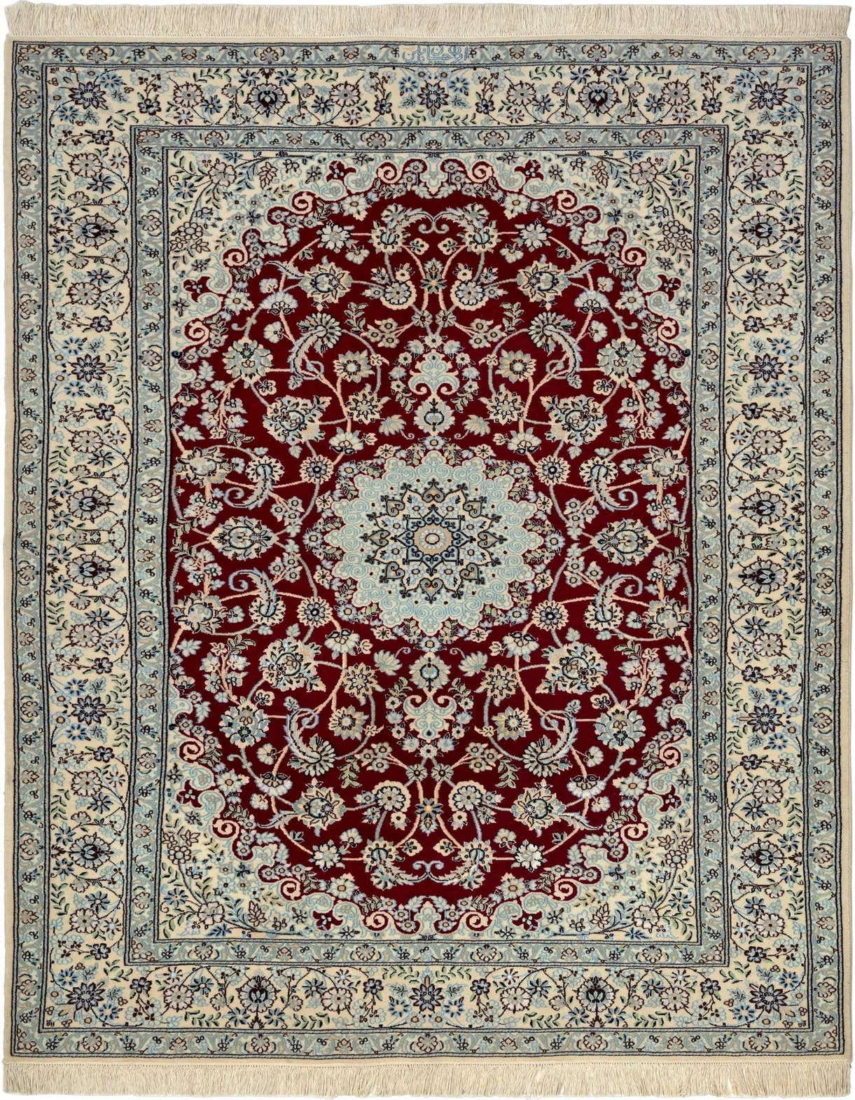 A 4x6 rectangular Persian rug with a deep red field, intricate floral patterns, and a light cream border with blue accents.