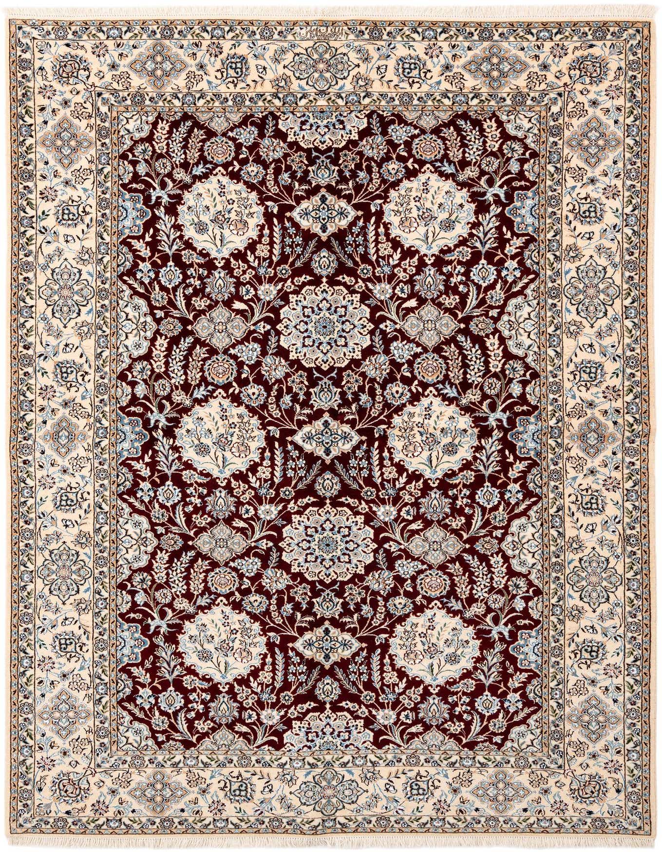 A 5x8 rectangular red and cream traditional wool rug with intricate floral patterns and a detailed border.