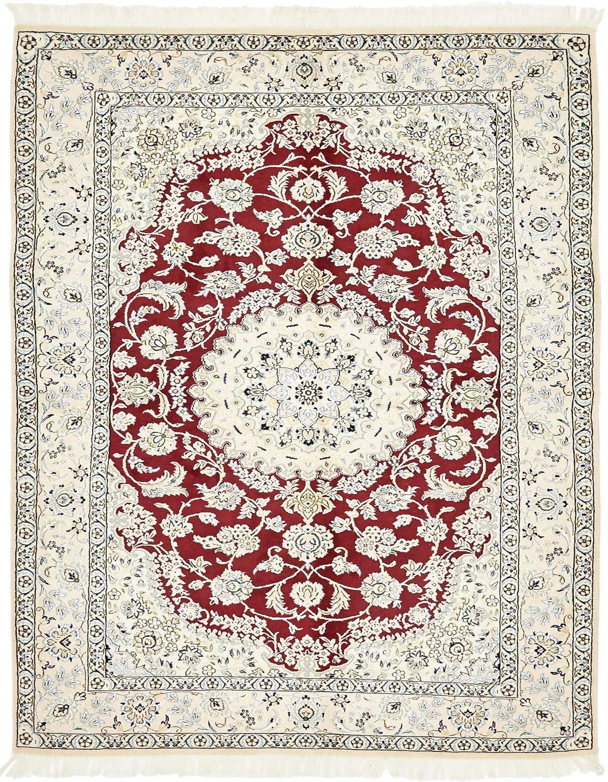 A 5x8 rectangular red and cream Persian rug with a traditional medallion pattern and floral motifs, suitable for a living room.