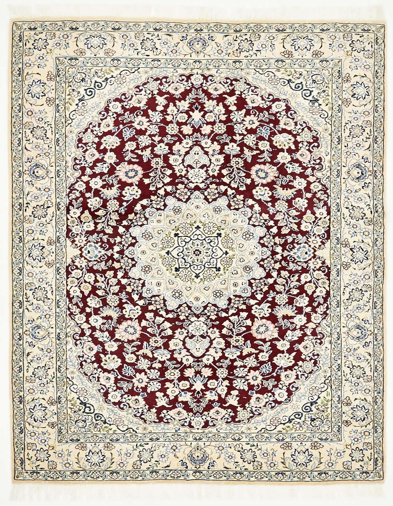 A 5x7 rectangular red Persian rug with a cream border and central medallion, featuring intricate floral patterns.