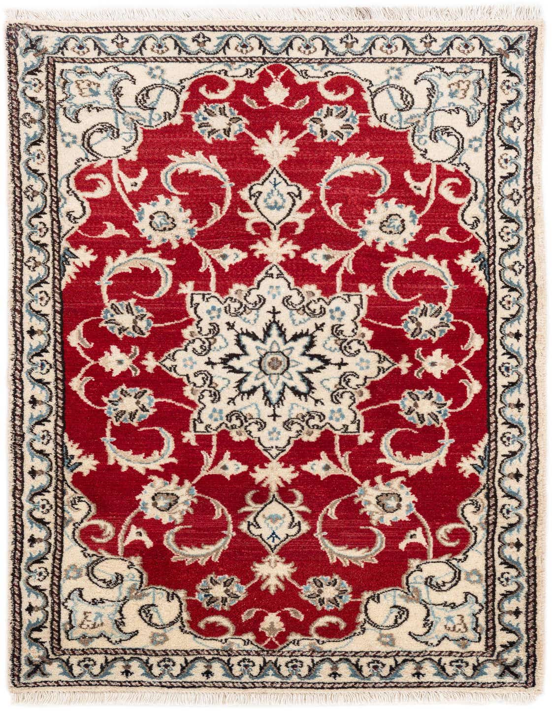 A 3x5 rectangular red Persian wool rug with a central medallion and intricate floral patterns in cream, blue, and black.