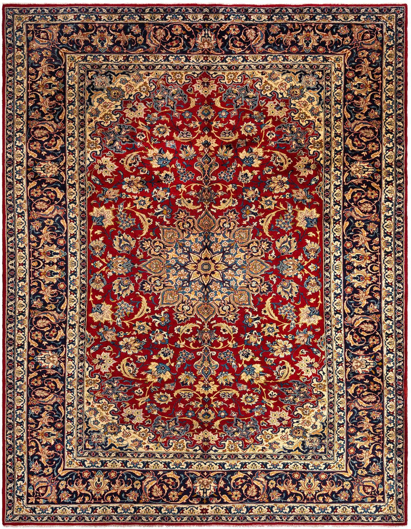 A 10x16 rectangular Persian rug featuring a rich red field with an intricate floral medallion and a navy blue border.