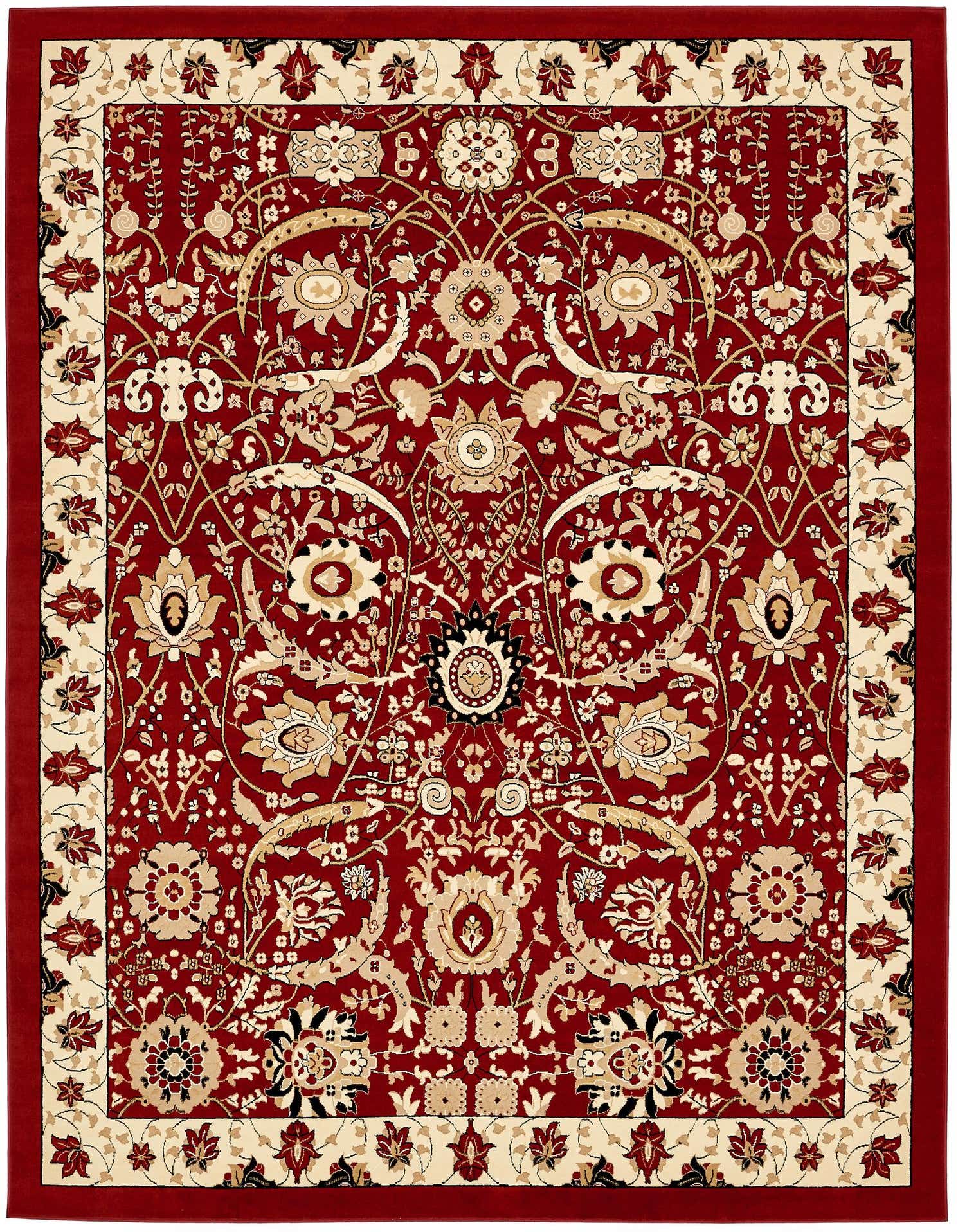 A 10x13 rectangular Neda rug in deep red with an intricate cream and gold traditional floral pattern and a matching border.