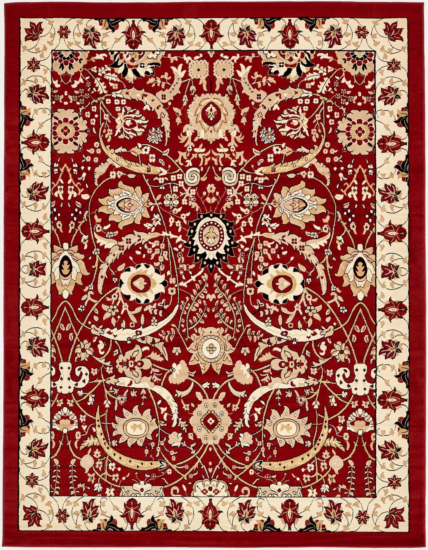 A 9x12 rectangular Neda rug featuring a traditional red field with intricate cream, gold, and black botanical and floral patterns, bordered by a cream band with red motifs.