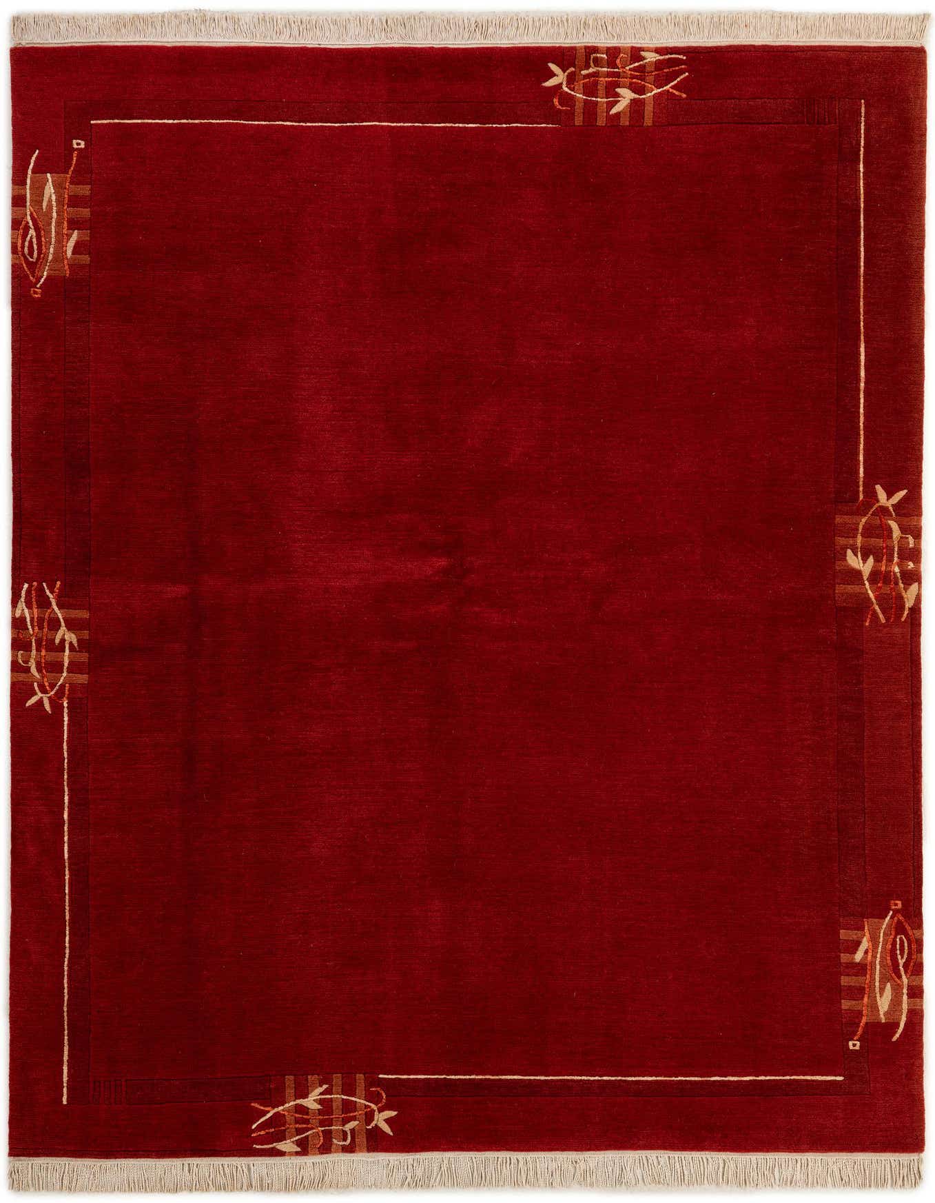 A 5x8 rectangular red wool and silk rug with a modern oriental border design and fringe.