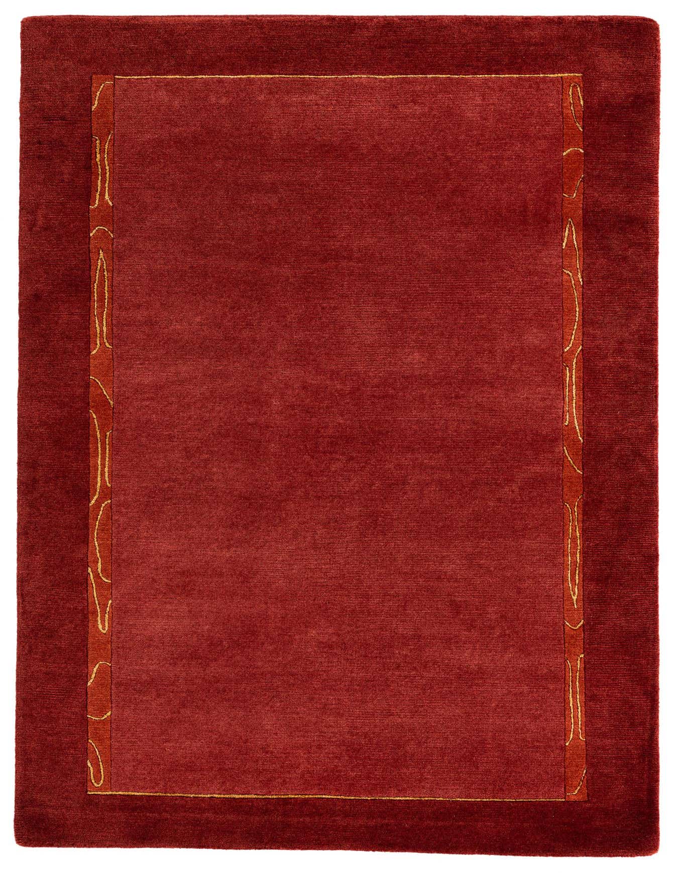 A 4x6 rectangular red wool and silk rug with a darker red border and an inner gold abstract pattern.