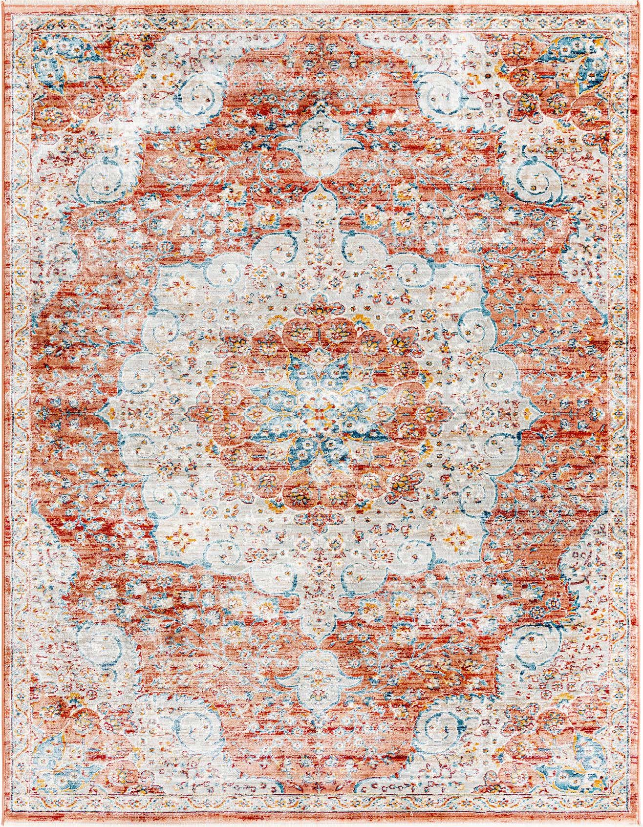 A 5x8 rectangular Newport rug featuring a distressed traditional medallion pattern in shades of red, blue, and cream.