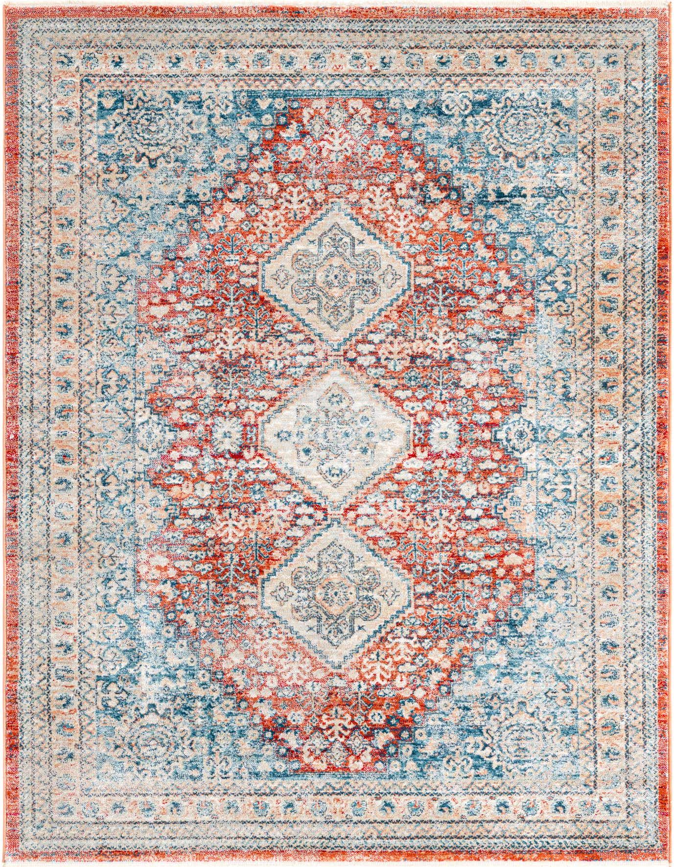 A 4x6 rectangular Newport rug featuring a distressed traditional medallion pattern in reds, blues, and cream.