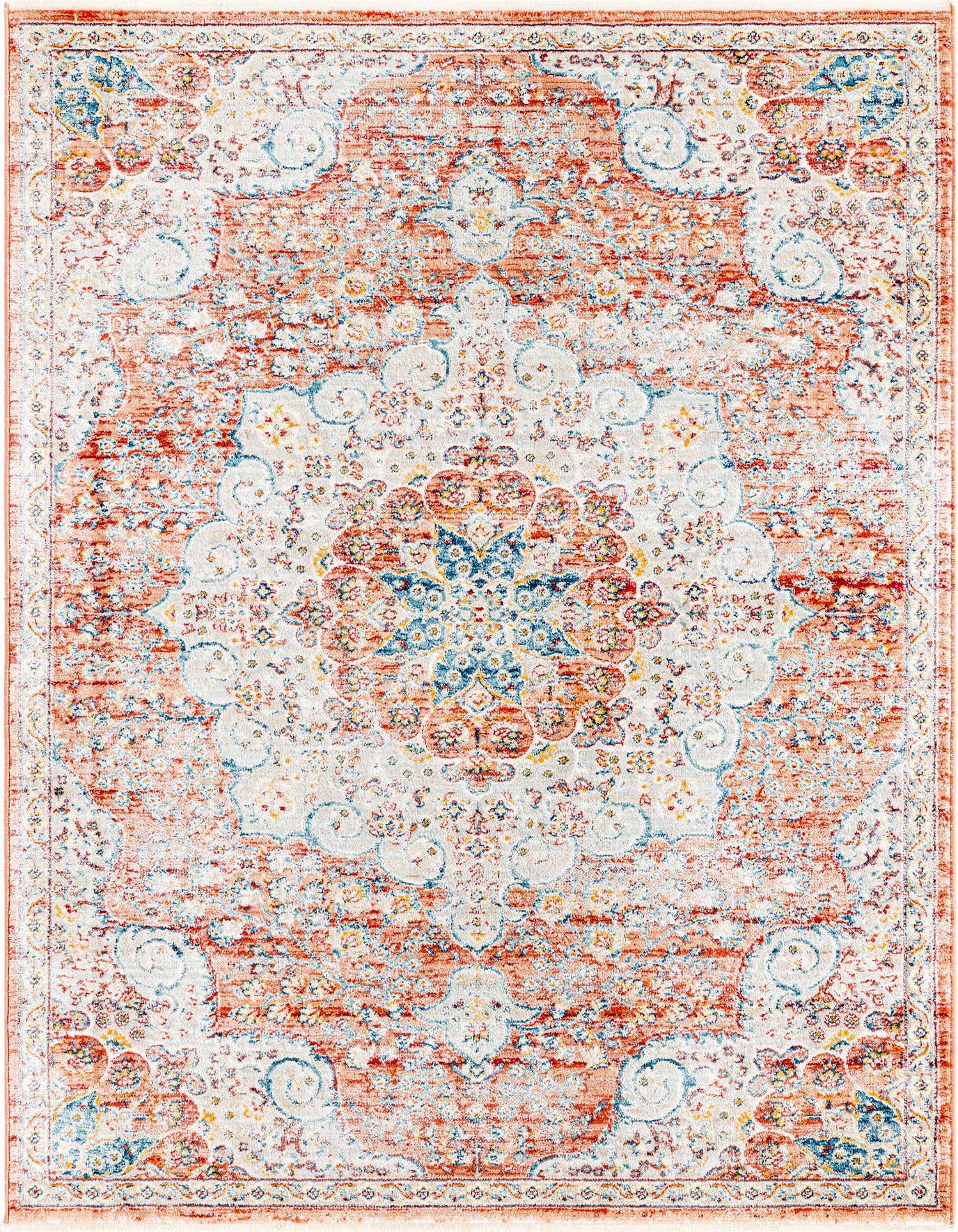 A 2x3 rectangular Rugs.com Newport rug featuring a distressed red, blue, and white traditional medallion pattern.