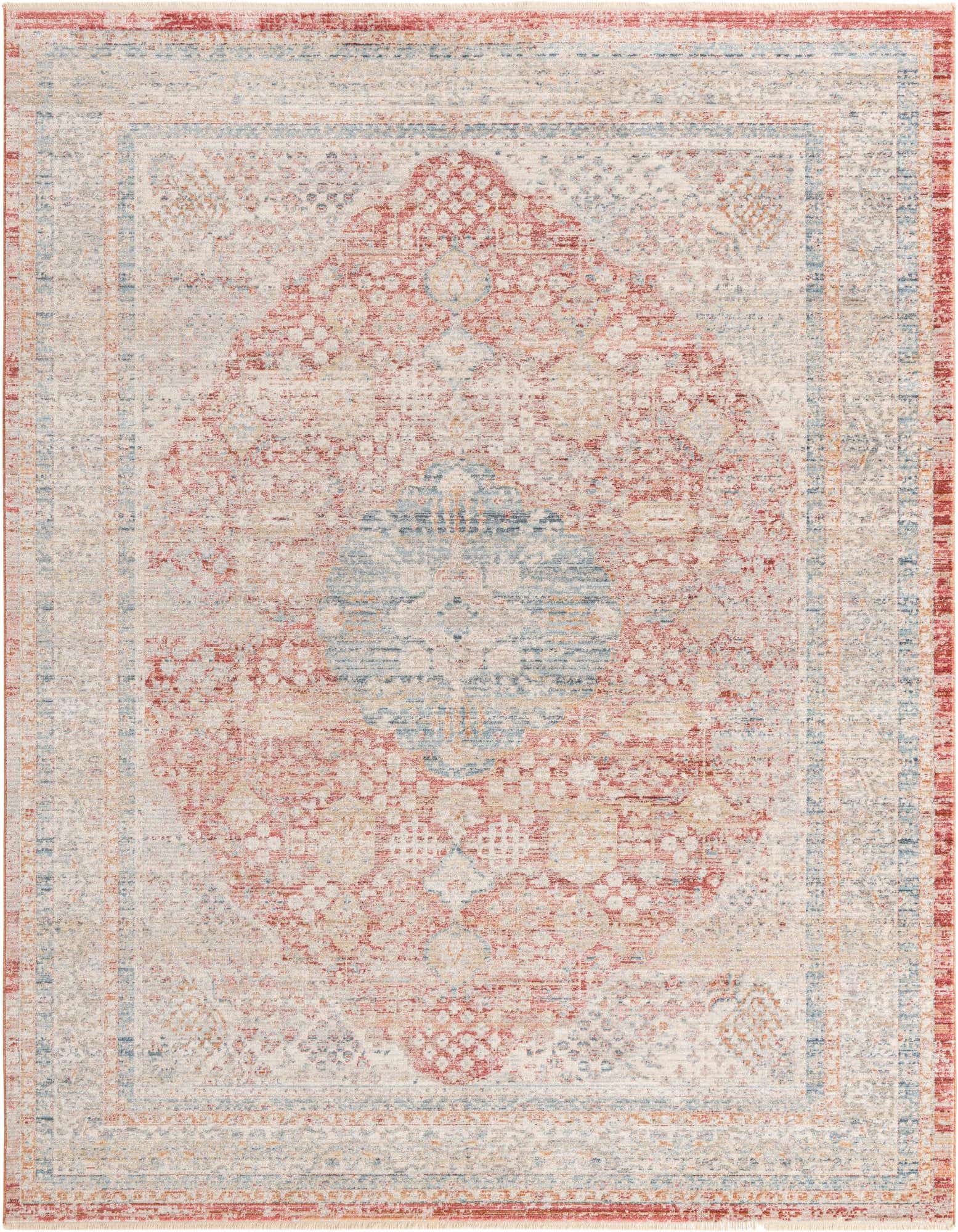 An 8x10 rectangular Noble Collection rug with a faded traditional medallion pattern in reds, blues, and creams.