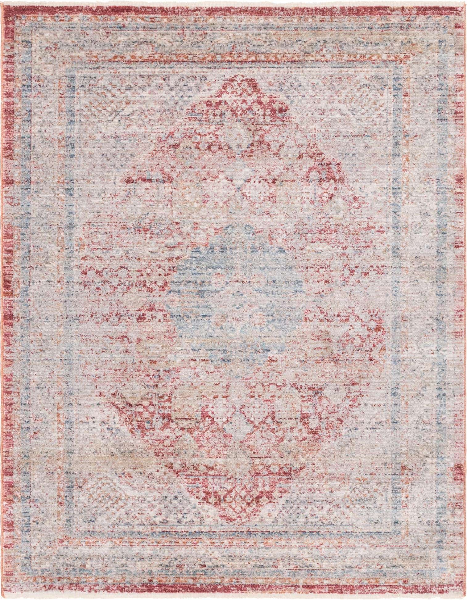 A 4x6 rectangular Rugs.com Noble rug featuring a faded red medallion and border on a light, distressed background, ideal for a living room.