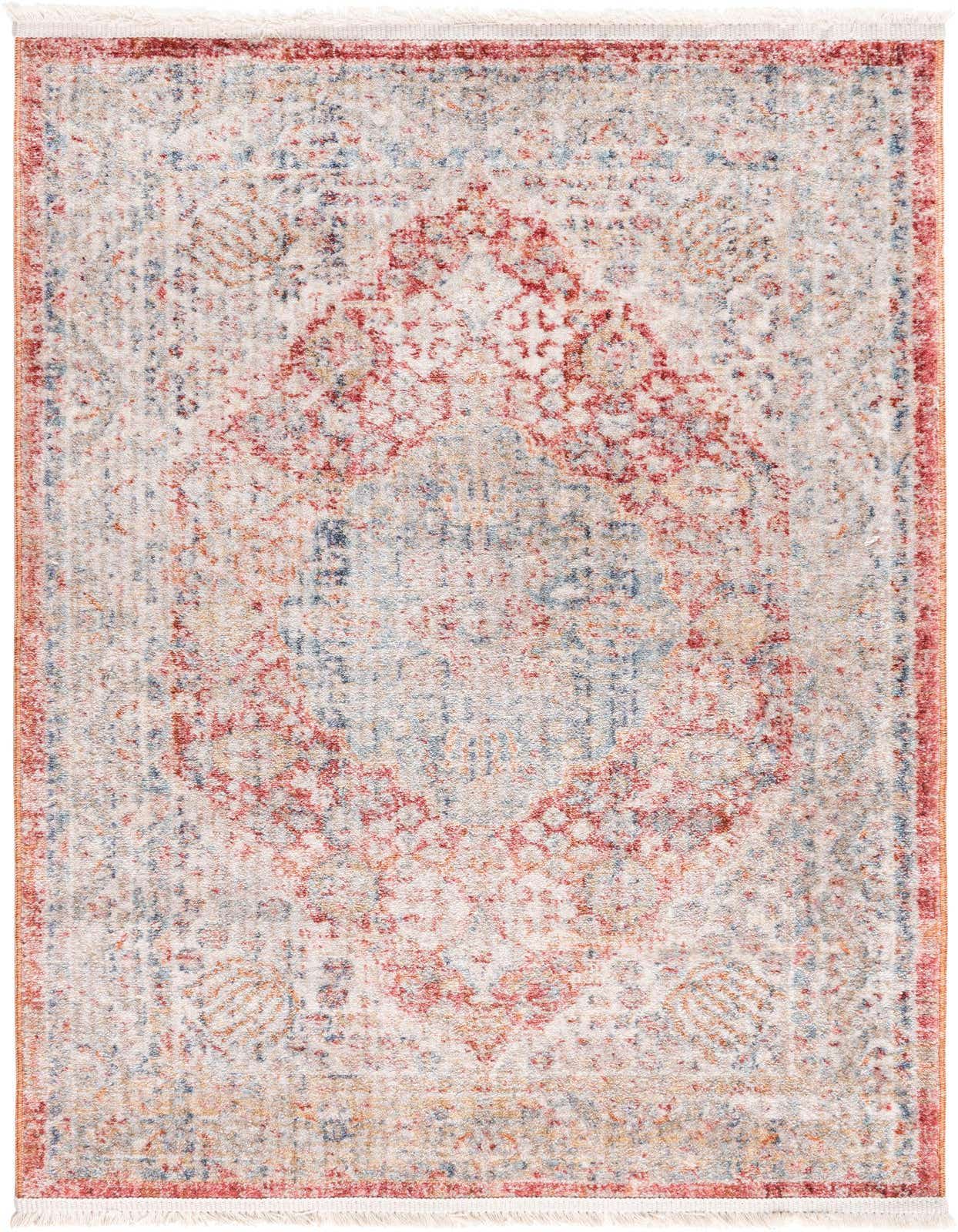 A 2x3 rectangular Rugs.com Noble rug featuring a distressed traditional medallion pattern in reds, blues, and creams.