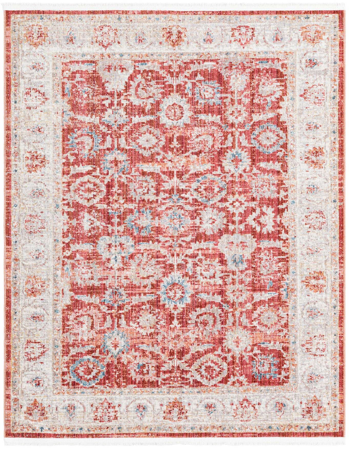 A 4x6 rectangular Rugs.com Noble rug featuring a distressed traditional botanical pattern in shades of red, cream, and light blue.