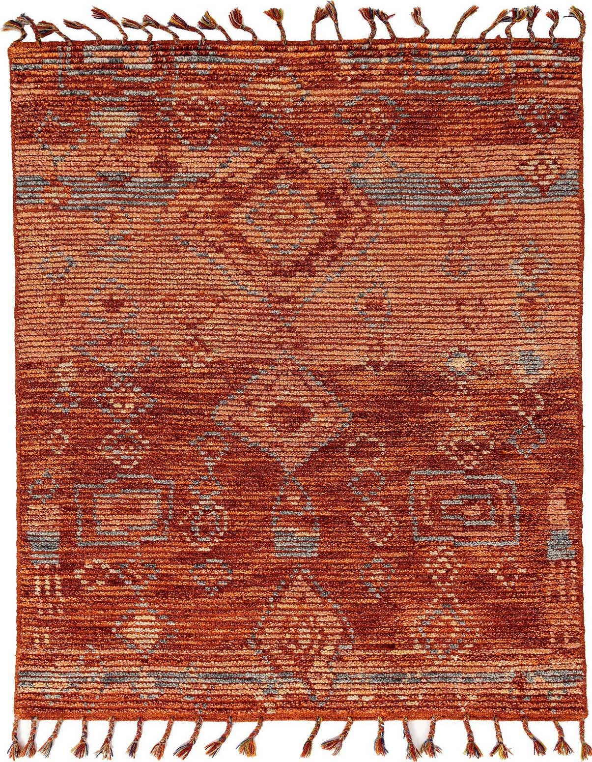 A 4x6 rectangular Nomadic wool rug in varying shades of red with subtle light blue and beige geometric patterns and fringed edges.