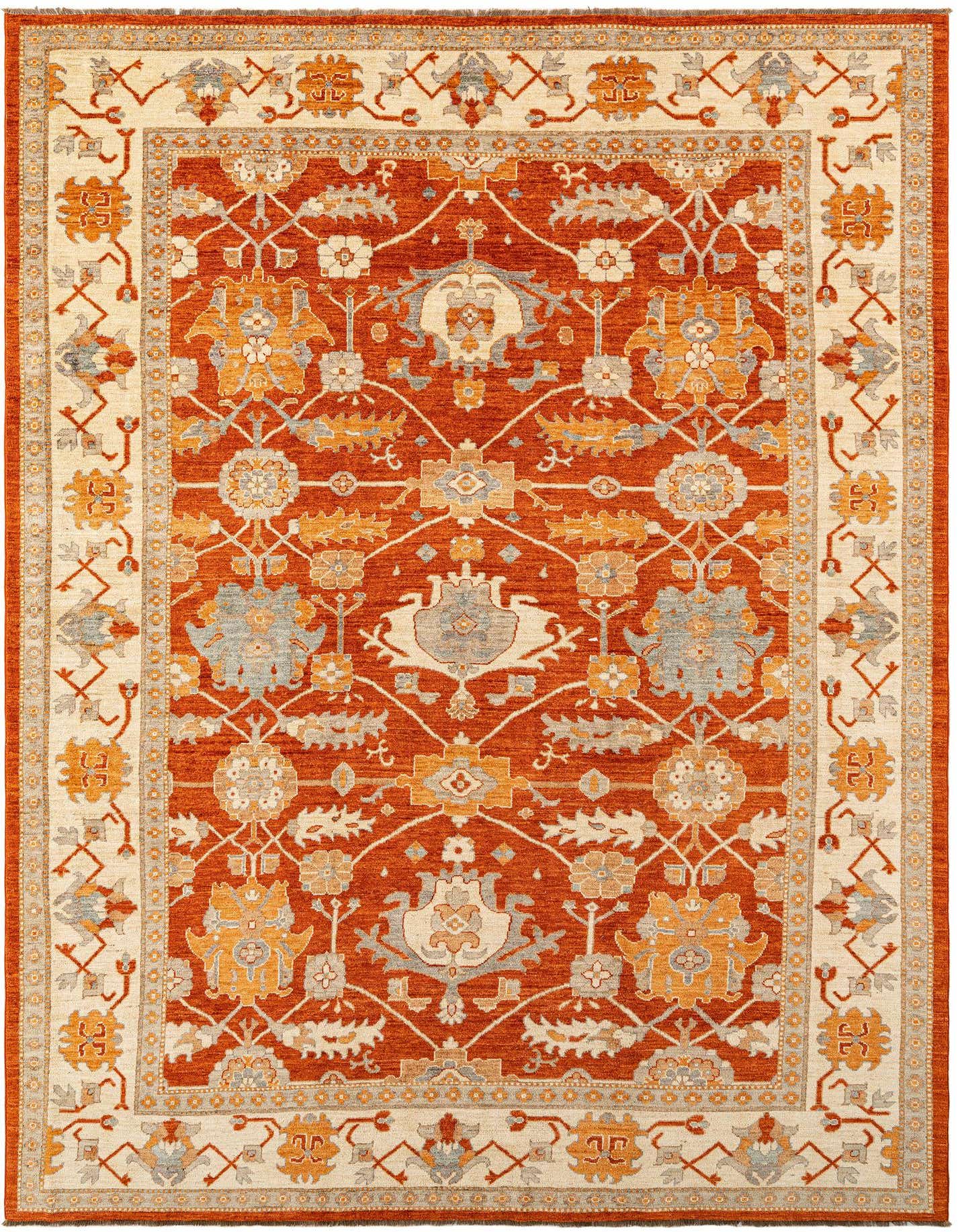 A handmade rectangular Oushak rug featuring a rich red field with intricate Persian patterns in cream, orange, and blue.