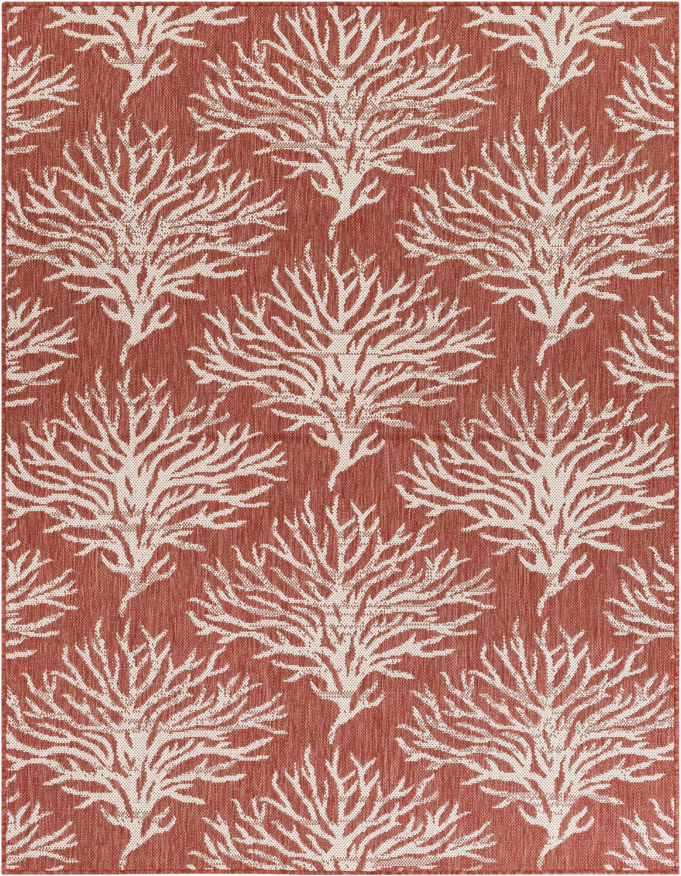 A 5x8 rectangular indoor/outdoor rug featuring a repeating white coral pattern on a textured red background, ideal for a patio or living room.