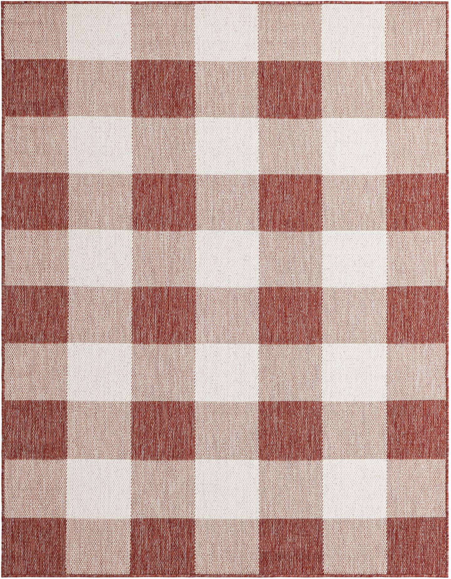A 5x7 rectangular indoor/outdoor rug featuring a classic red and white checkered pattern, perfect for a patio.