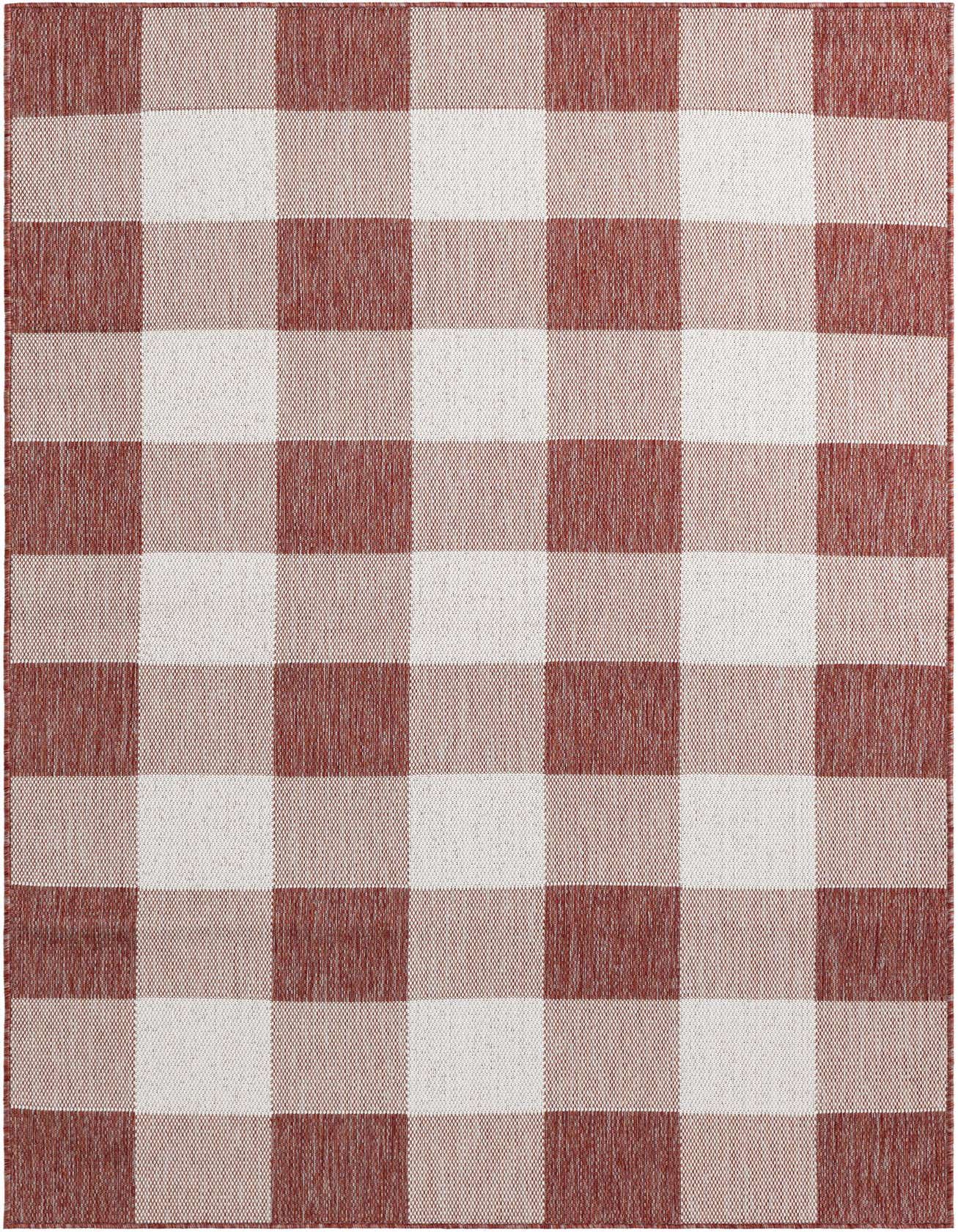A 5x8 rectangular indoor/outdoor rug featuring a classic red and white checkered pattern, ideal for a patio or living room.