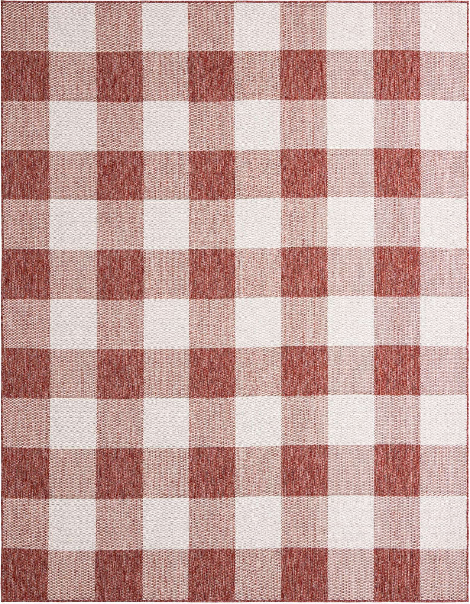 A large 8x10 rectangular indoor/outdoor rug featuring a classic red and white checkered pattern, ideal for a patio or living room.