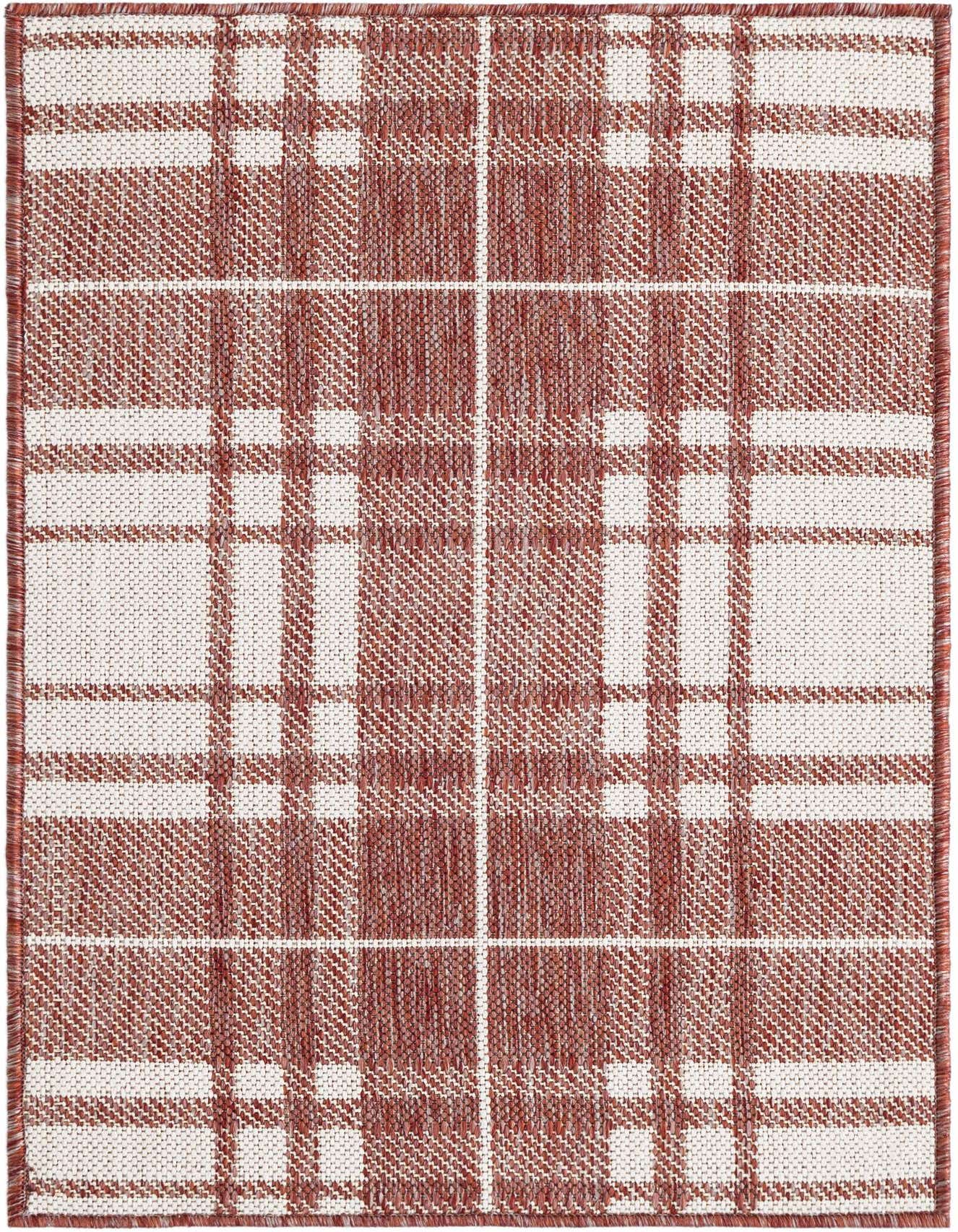 A 2x3 rectangular Rugs.com Outdoor Checkered rug featuring a modern red and white plaid pattern with a flatweave texture.