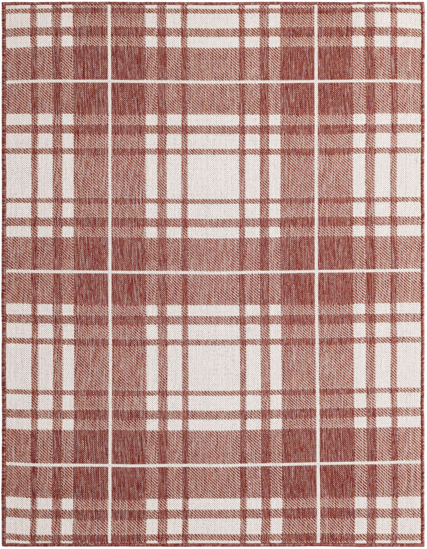 A 4x6 rectangular indoor/outdoor rug featuring a modern red and white checkered plaid pattern.