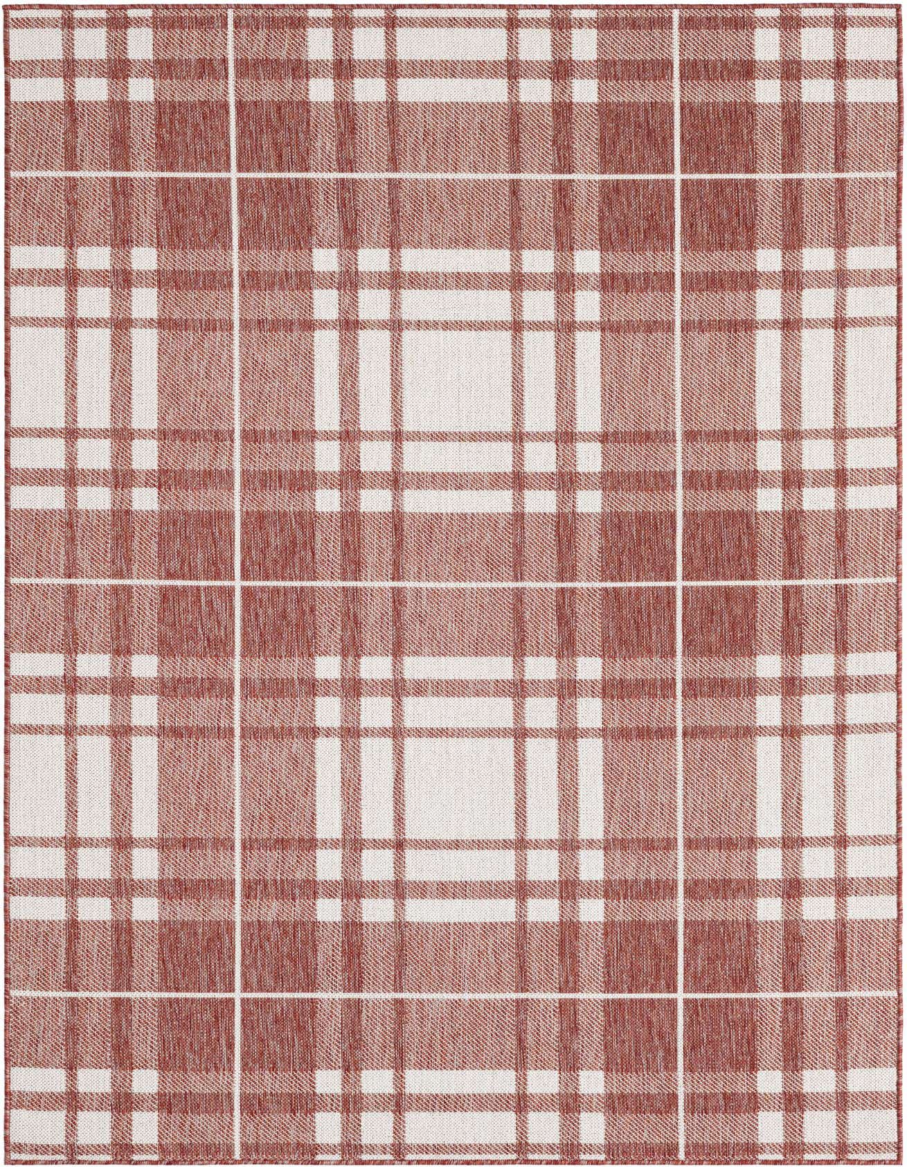 A 5x8 rectangular indoor/outdoor rug featuring a modern red and white checkered plaid pattern, ideal for a patio or living room.